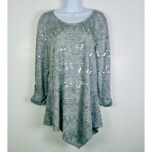 NEW DIRECTIONS WOMEN GRAY 3/4 SLEEVE ROUND COLLAR SEQUIN TOP. SIZE XL